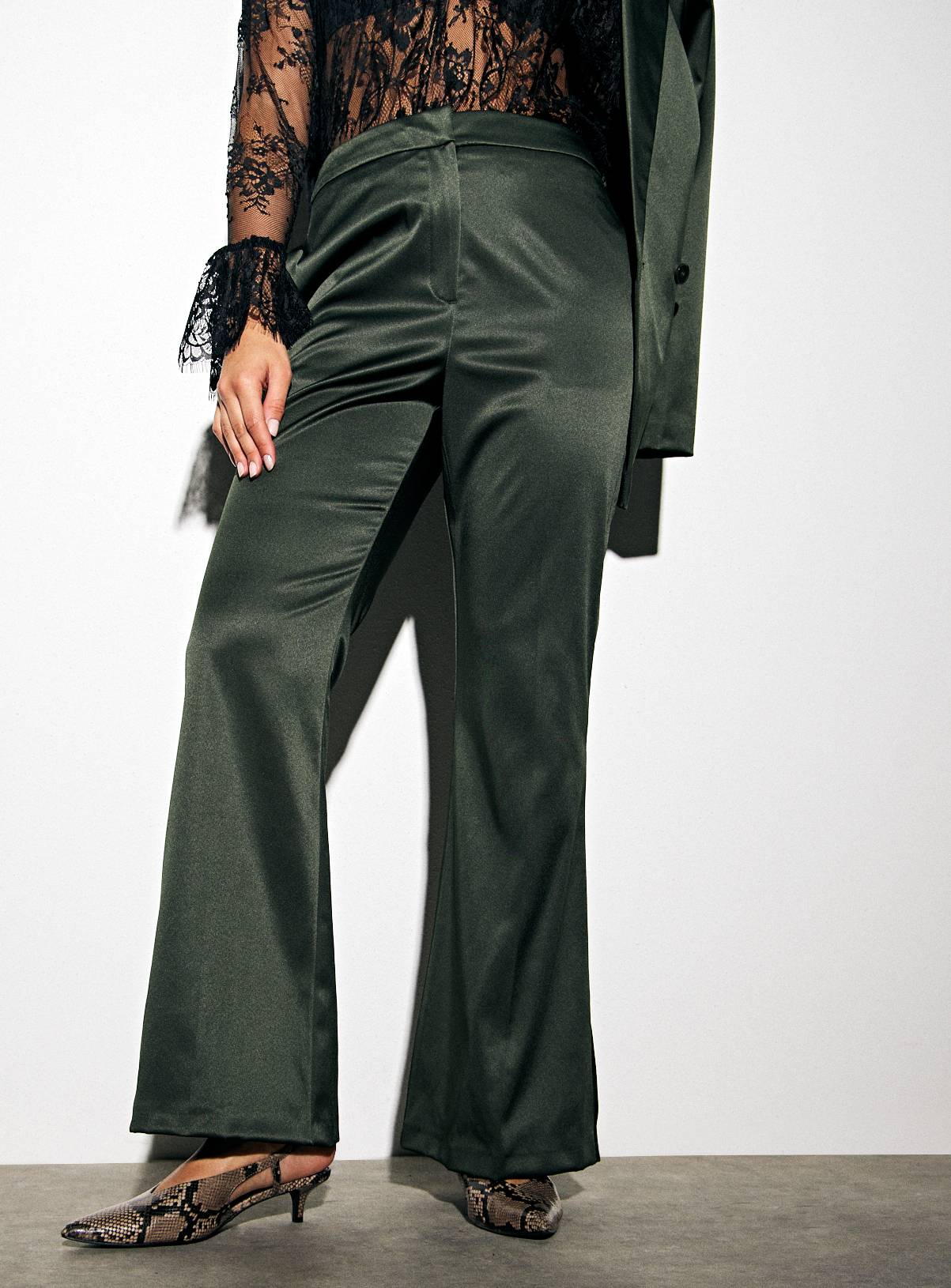 Dark Green Tailored Bootcut Satin Trousers  16R - Image 2